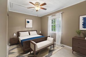 The color scheme throughout is soft tans with white trim. (Virtually staged.)