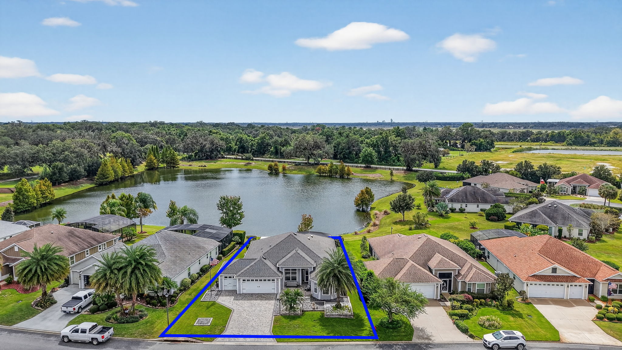Aerial Front Elevation with Property Lines and Water Views