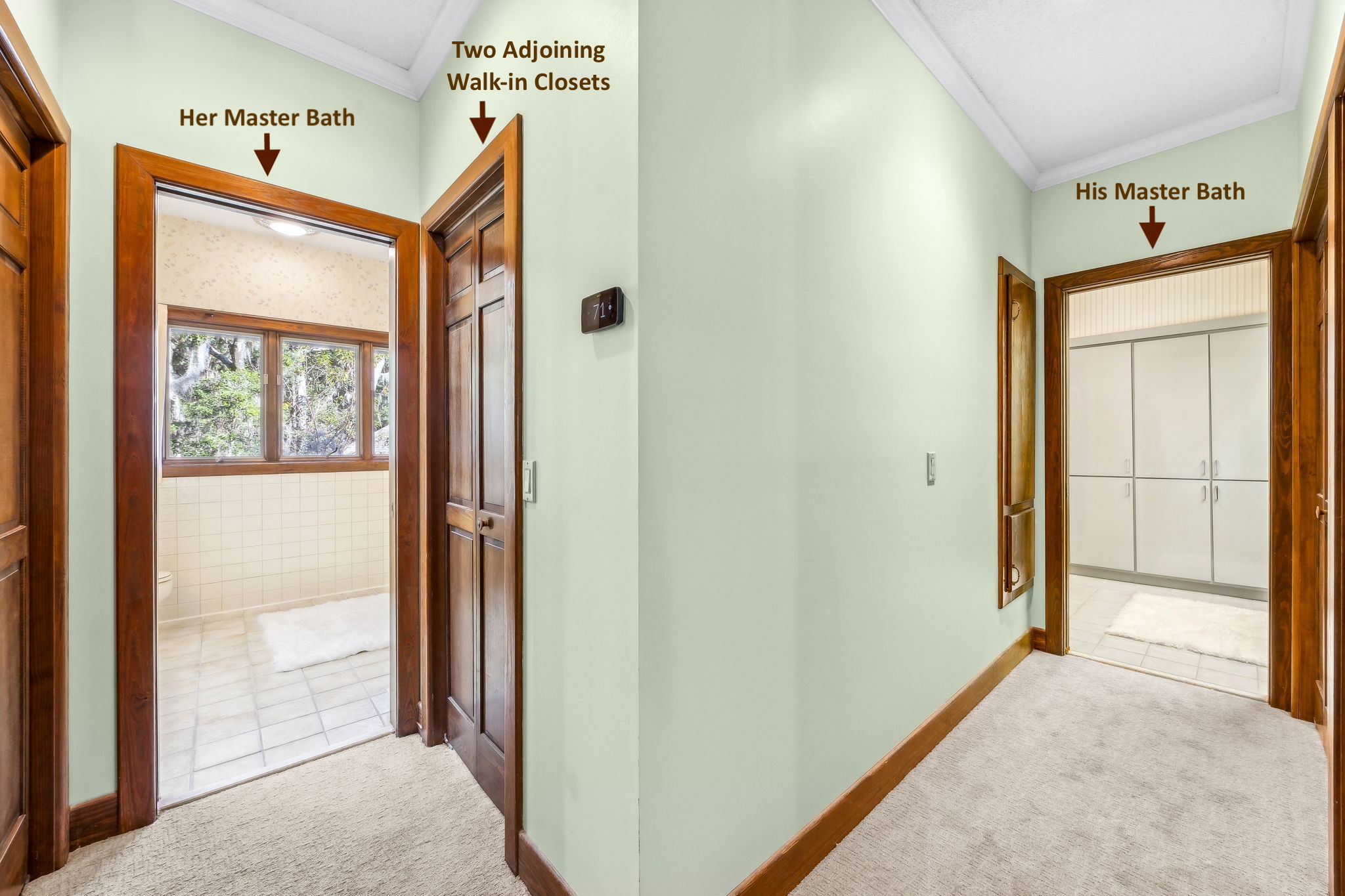 Separate his-and-her baths pair with exceptional storage throughout the suite.