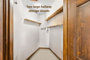 Two large storage closets along the hallway reflect the home’s intentional approach to organization.