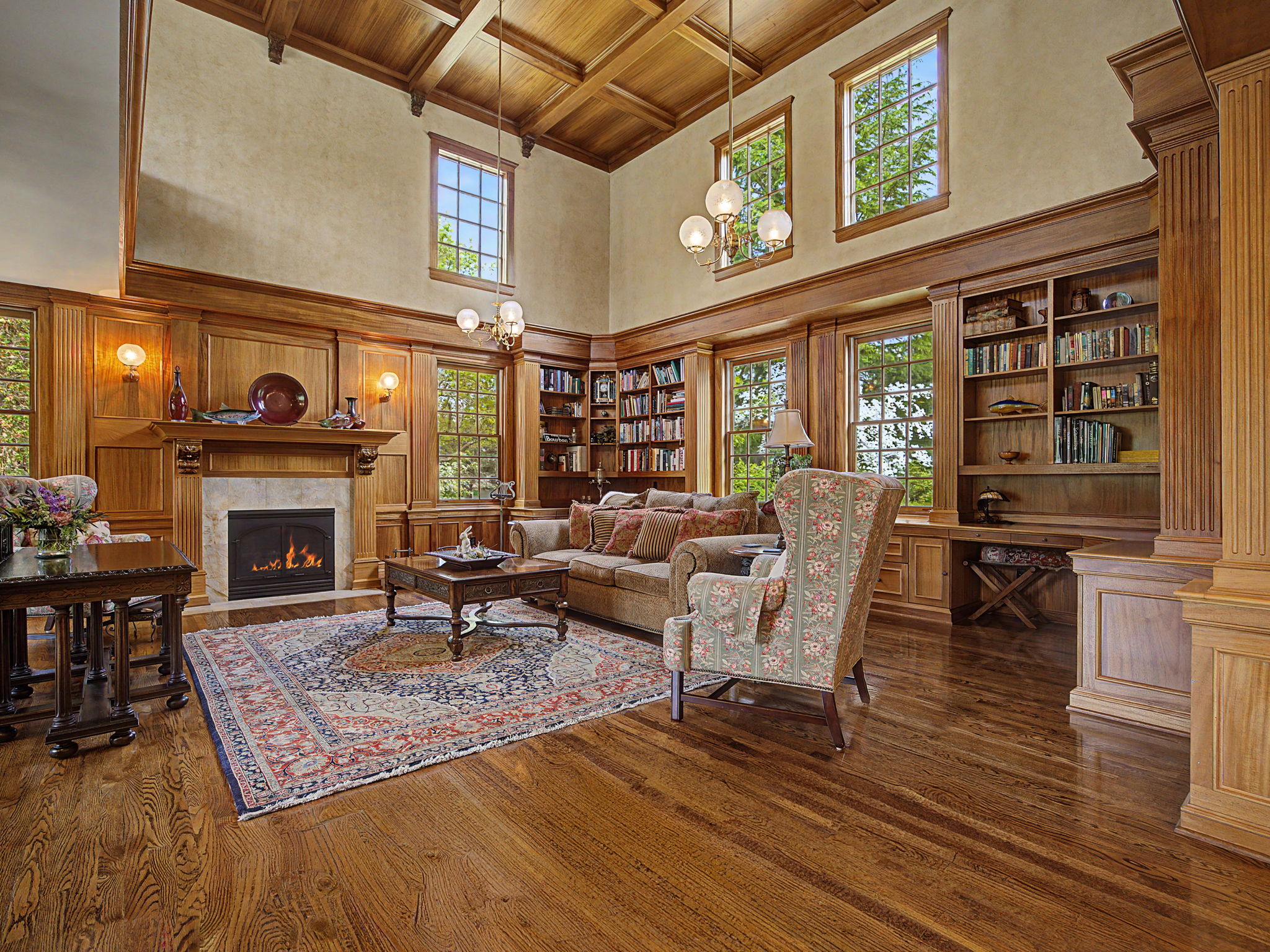 Look at those ceilings!  Gas fireplace