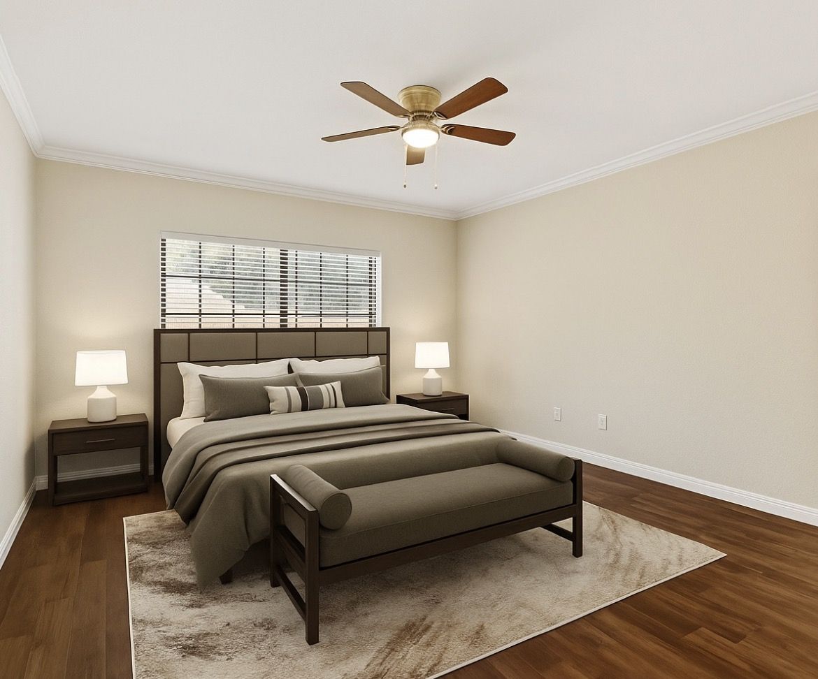 Virtually Staged First Floor Master Suite Showcasing Design Ideas.