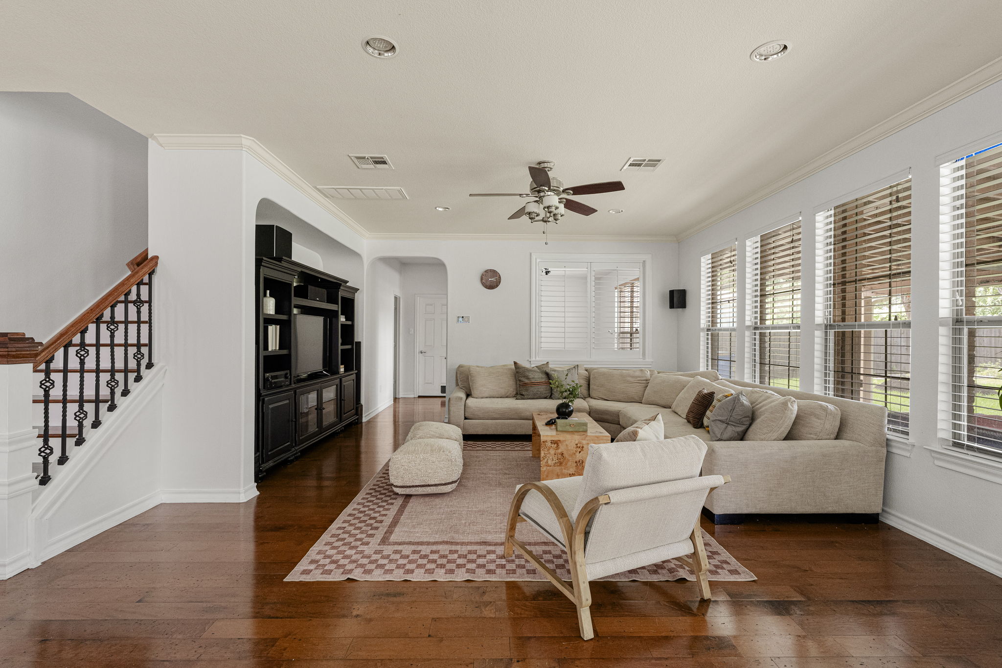 Large family room with hardwood floors