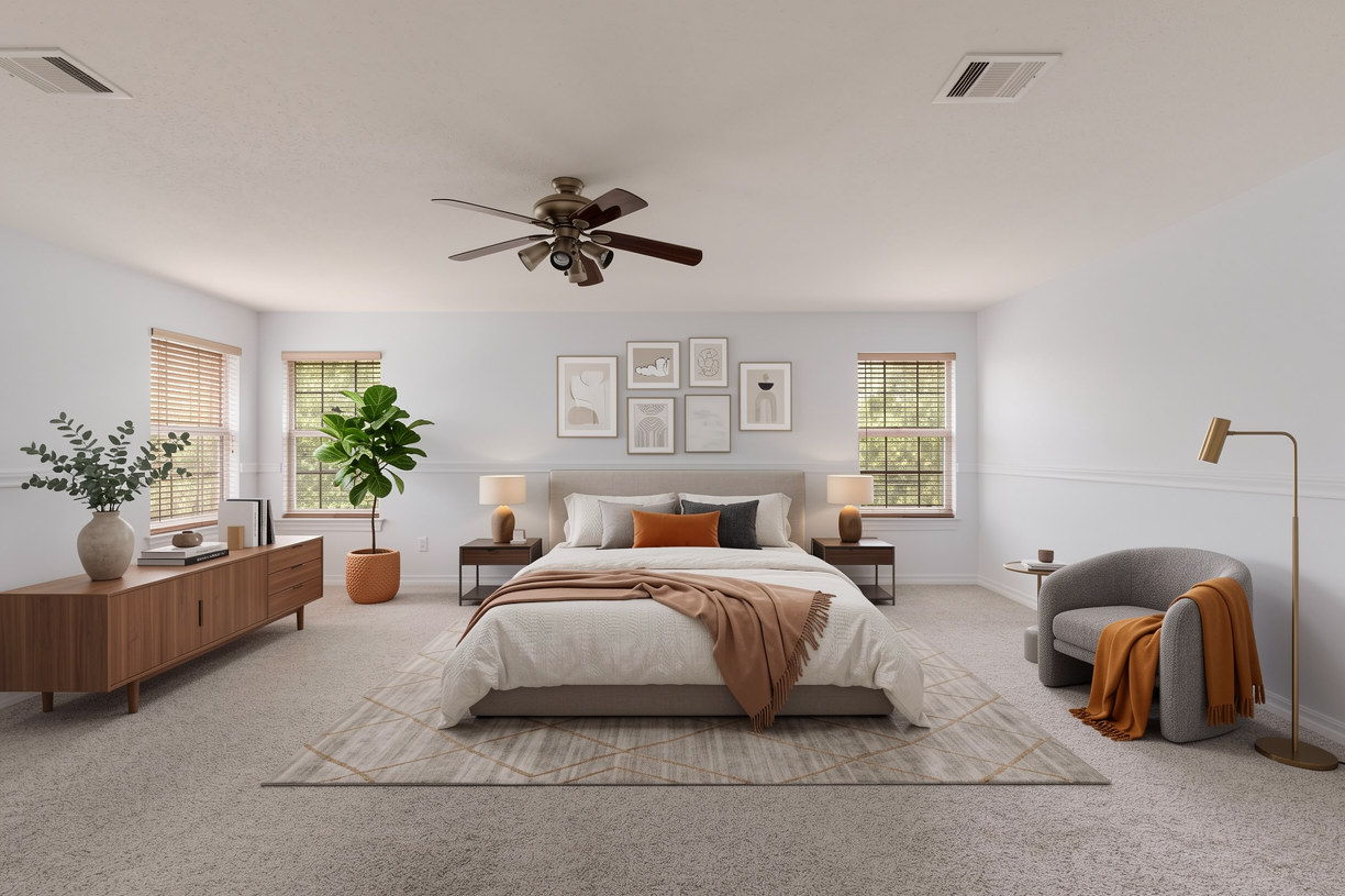 Virtually staged primary bedroom