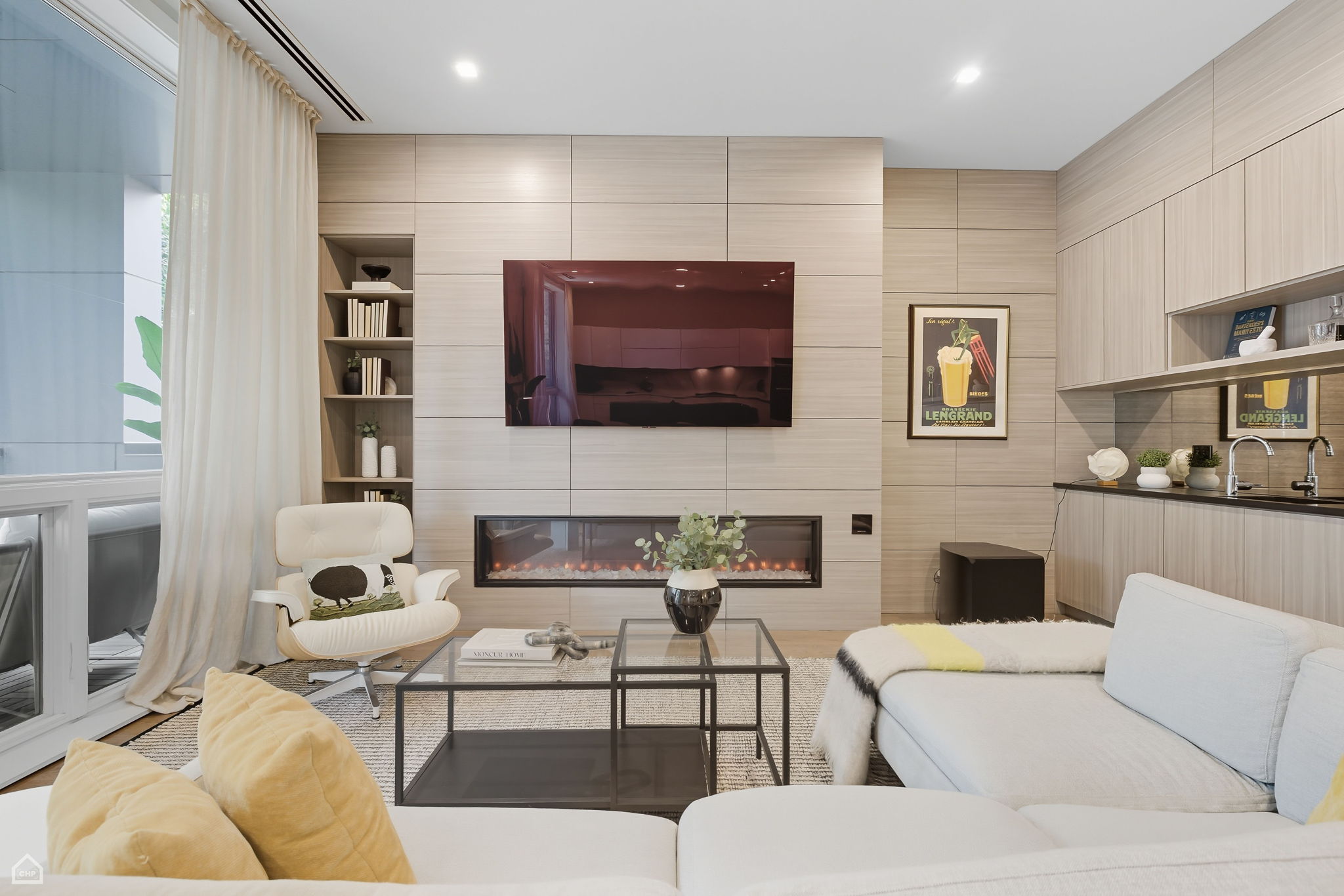 Living room with built ins - wet bat + paneling