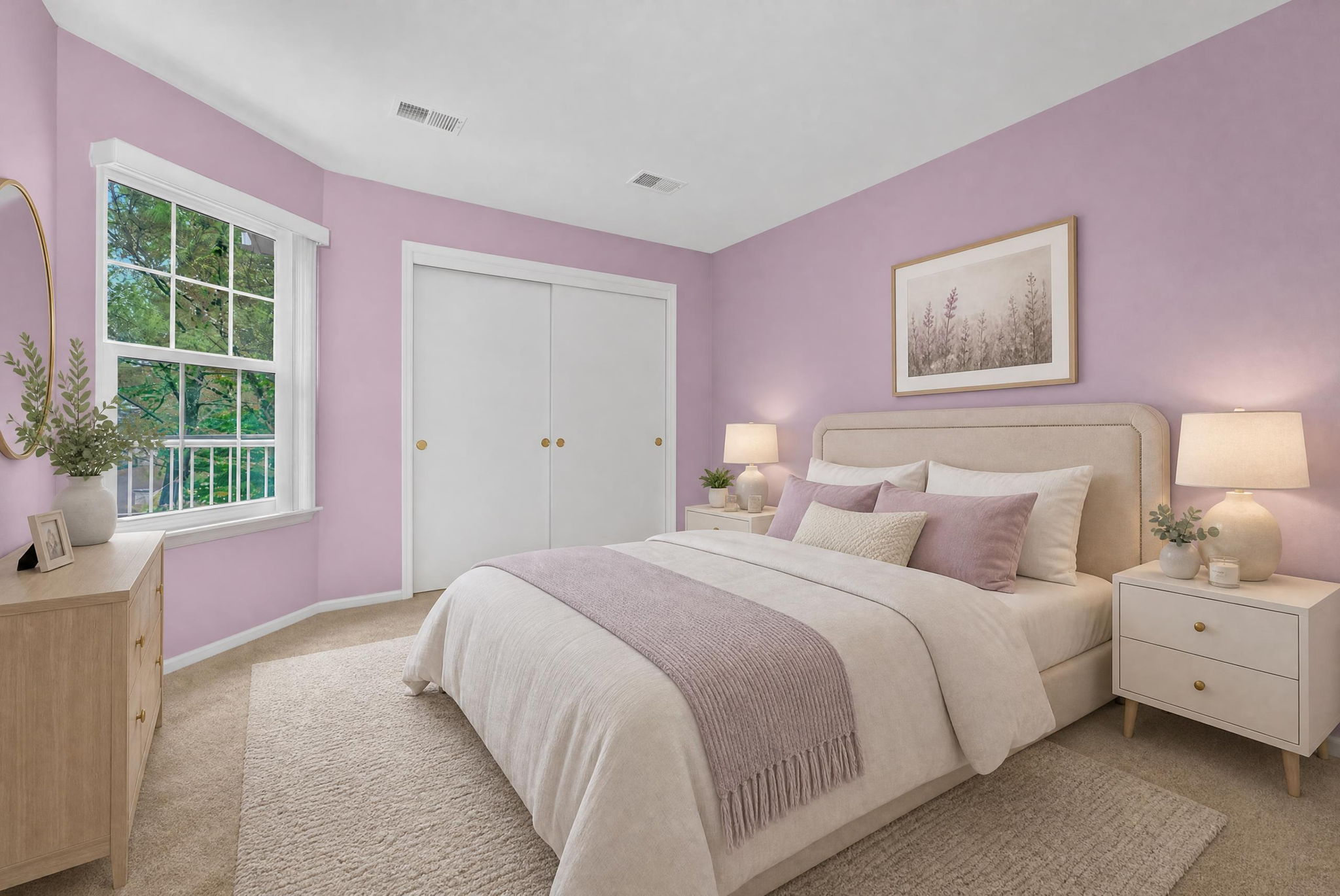 1st FLOOR BEDROOM Virtually Staged-Double doors open to the first-floor bedroom with a double slider door closet and wall-to-wall carpet.