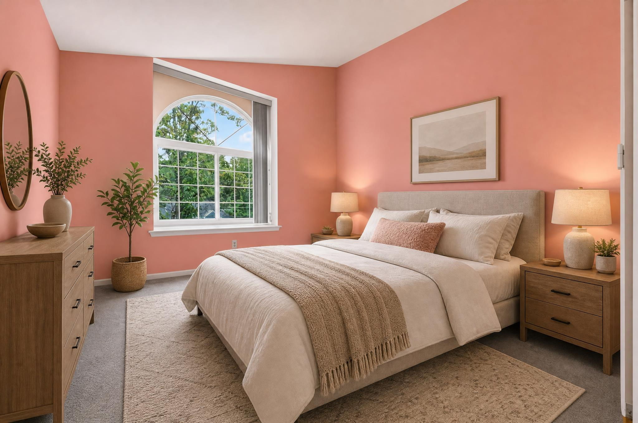 PRIMARY BEDROOM Virtually Staged-A vaulted ceiling and arch-top window highlight the private primary suite, complete with two closets and an en suite bath.