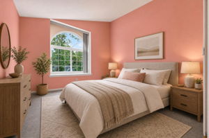 PRIMARY BEDROOM Virtually Staged-A vaulted ceiling and arch-top window highlight the private primary suite, complete with two closets and an en suite bath.