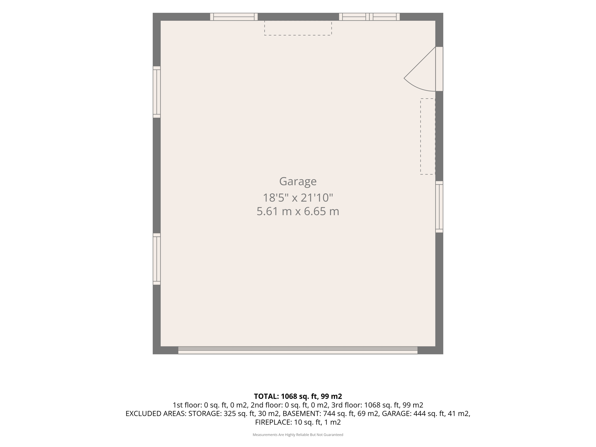 Approximate detached-garage floor plan showing an interior footprint of about 18'5" × 21'10"; dimensions are approximate.