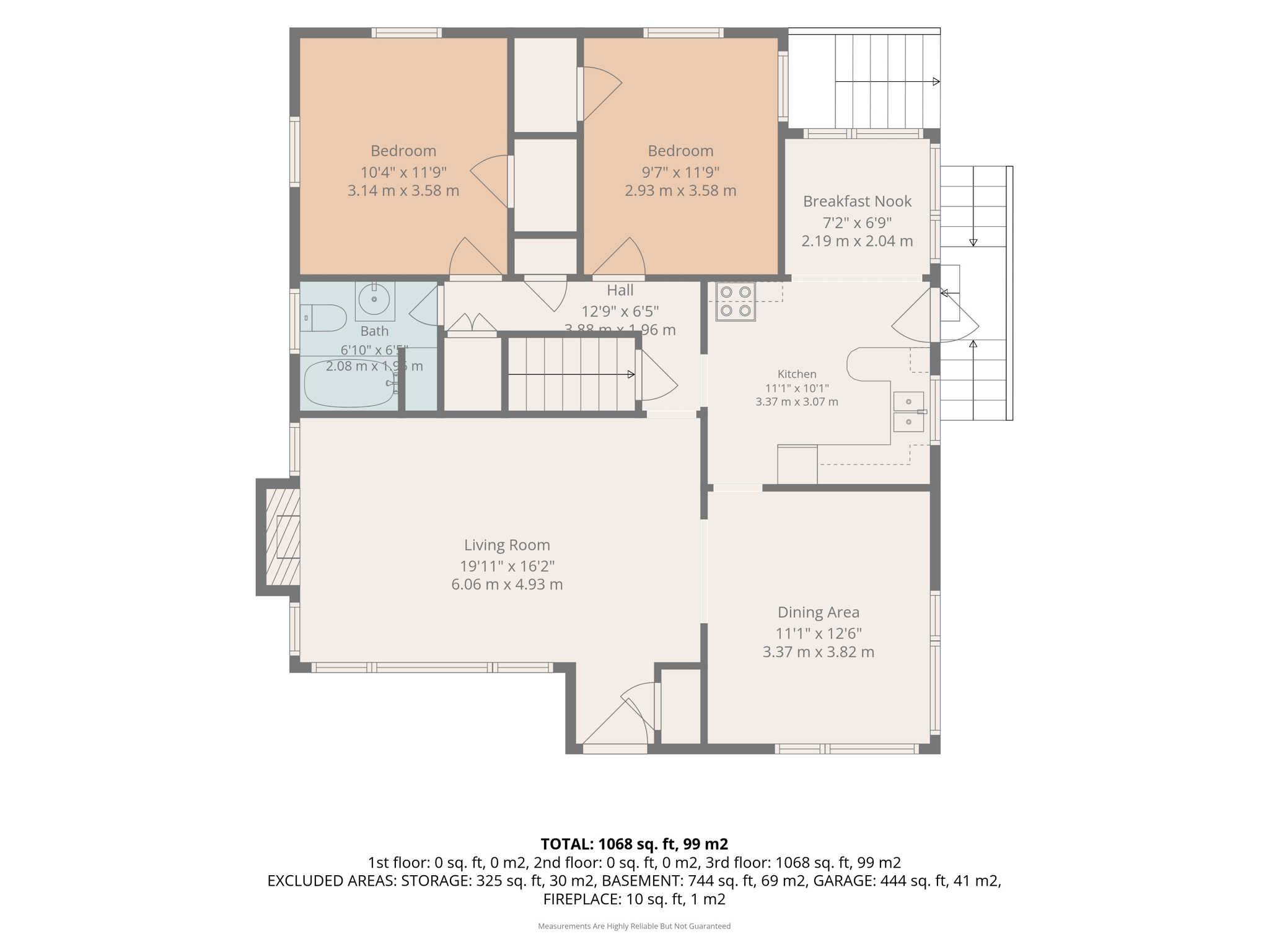 Approximate main-level floor plan showing the living room, dining area, kitchen with breakfast nook, 2 bedrooms and full bath; dimensions are approximate.