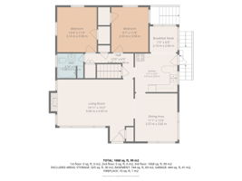 Approximate main-level floor plan showing the living room, dining area, kitchen with breakfast nook, 2 bedrooms and full bath; dimensions are approximate.