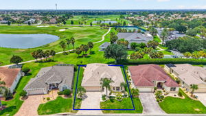 Aerial Front Elevation with Property Lines and Golf and Water Views