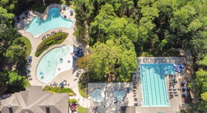 Aerial view of Clubhouse, Pools, and Splashpads.