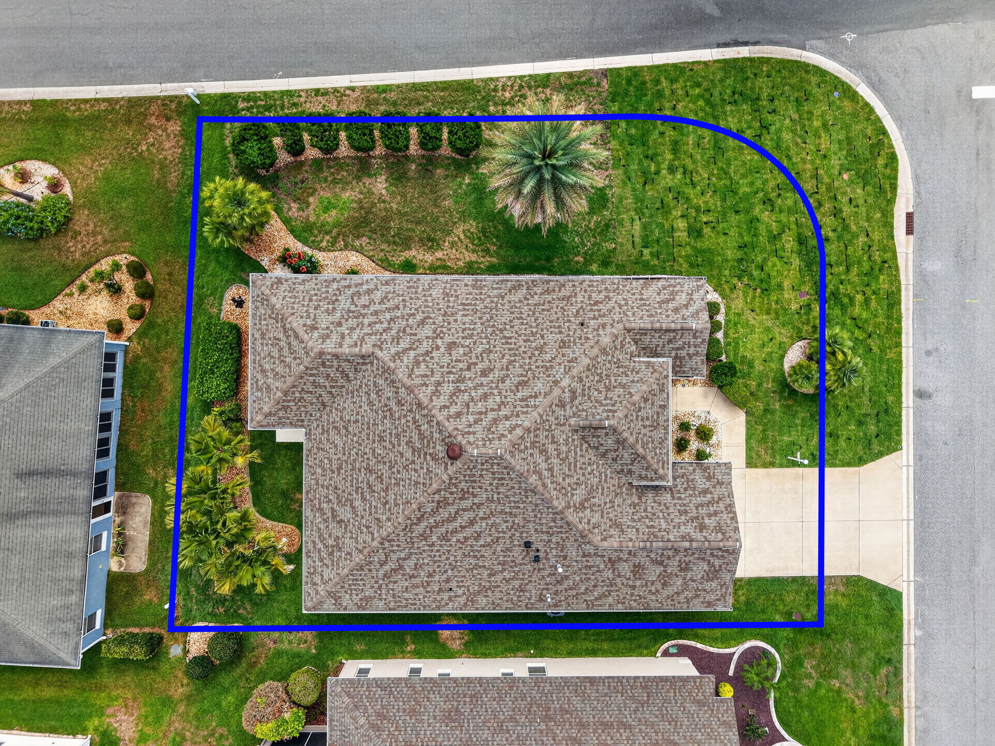 Aerial Side Elevation with Property Lines and Large Corner Lot with ROOM FOR A POOL!