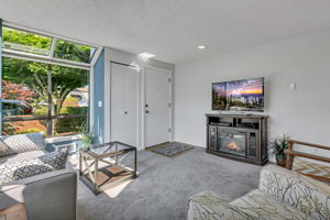 Bright living area surrounded by windows and yard views.