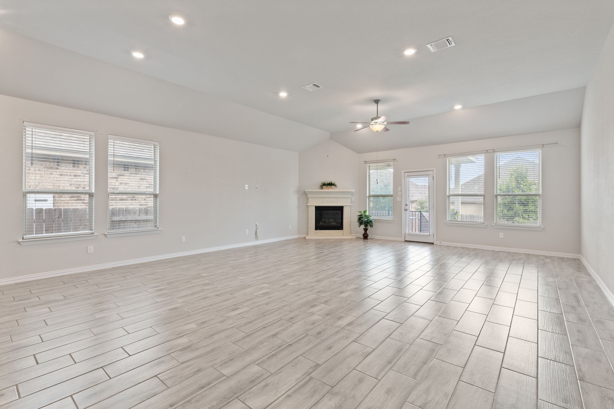 Living area with fireplace windows