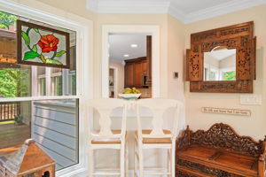 The open bar view into kitchen