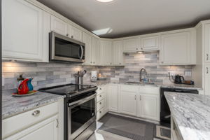 Stainless steel appliances, granite counters and tiled backsplash