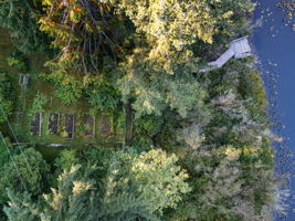 Overhead view of fenced gardens and dock on the pond