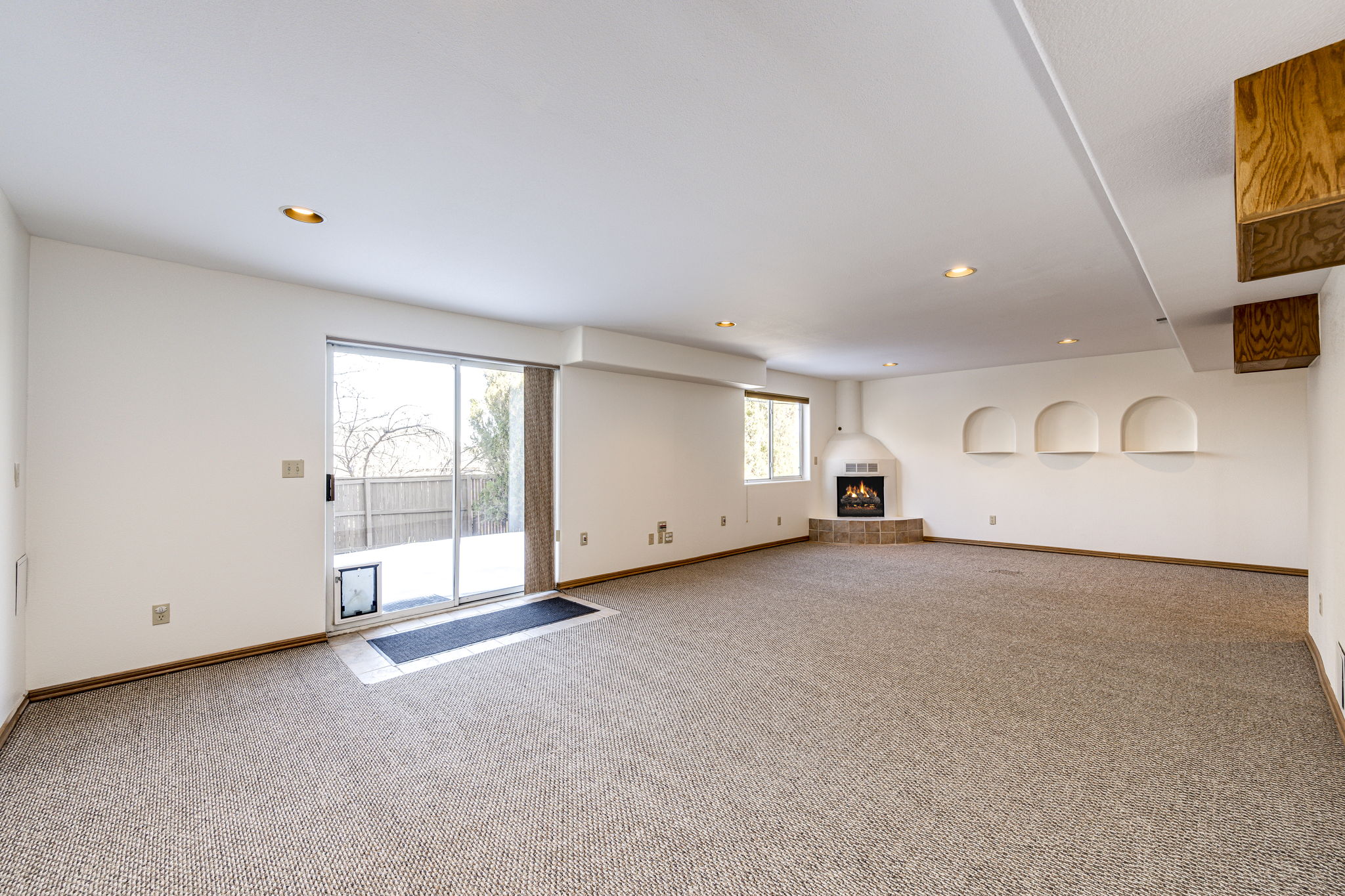 Fully finished walkout Basement with a cozy fireplace