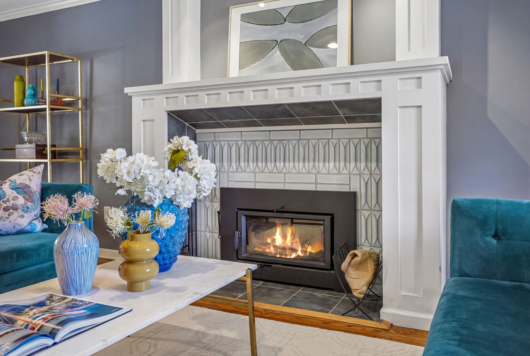 Wood burning fireplace with insert