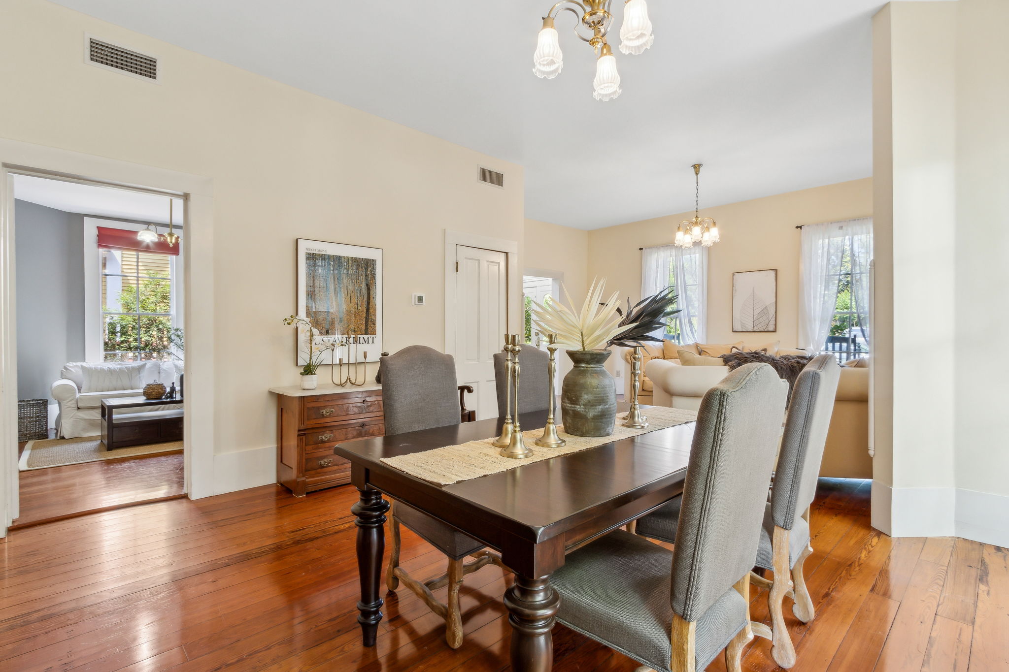 ... where gleaming brass pairs beautifully with ornate glass shades.