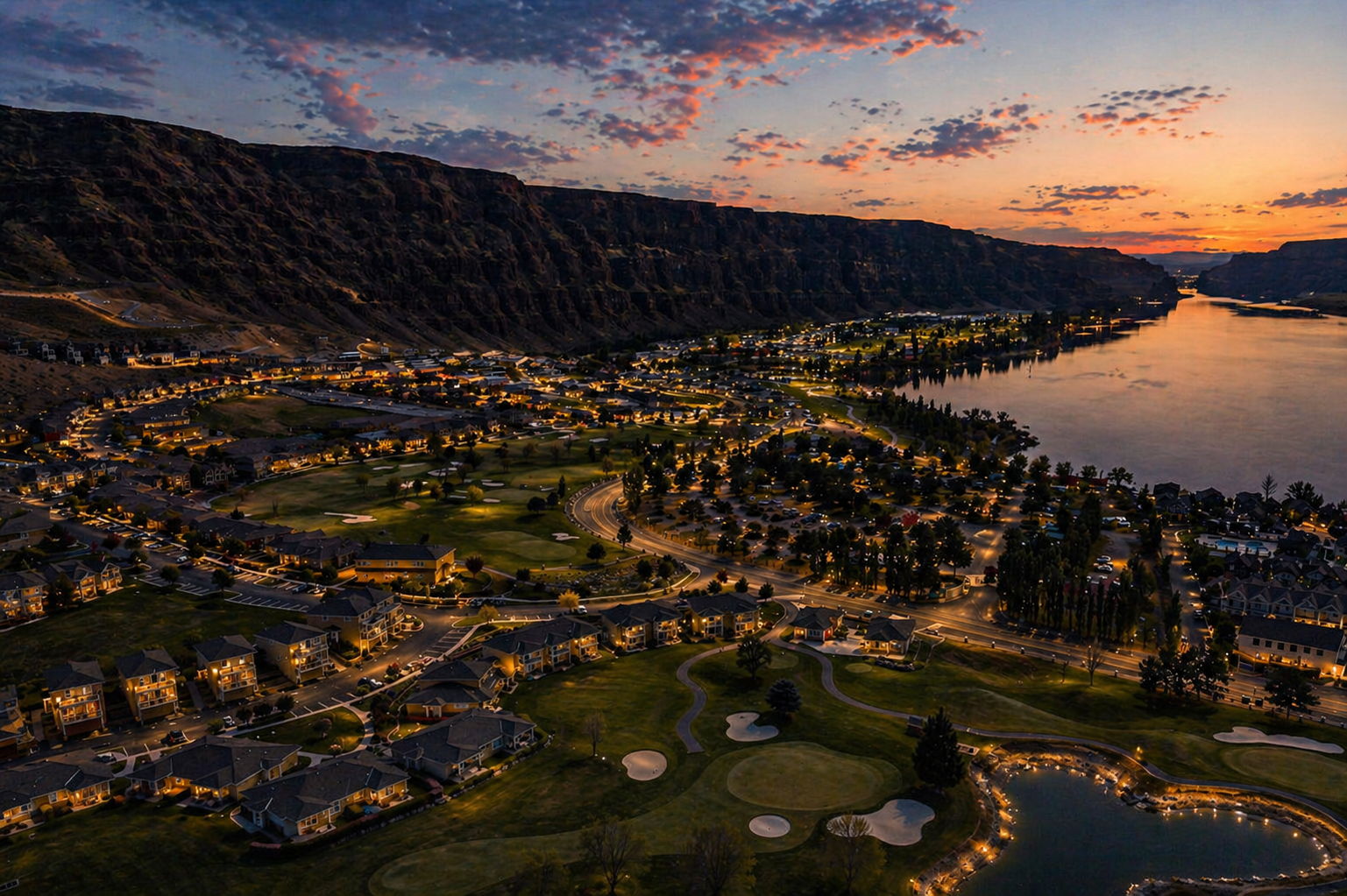 As the sun sets, the community comes to life, offering a peaceful, resort-style setting surrounded by water, golf, and dramatic canyon beauty.