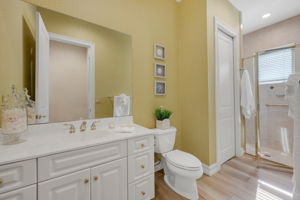 The front guest bath is large, and has an entry from both the bedroom and foyer.