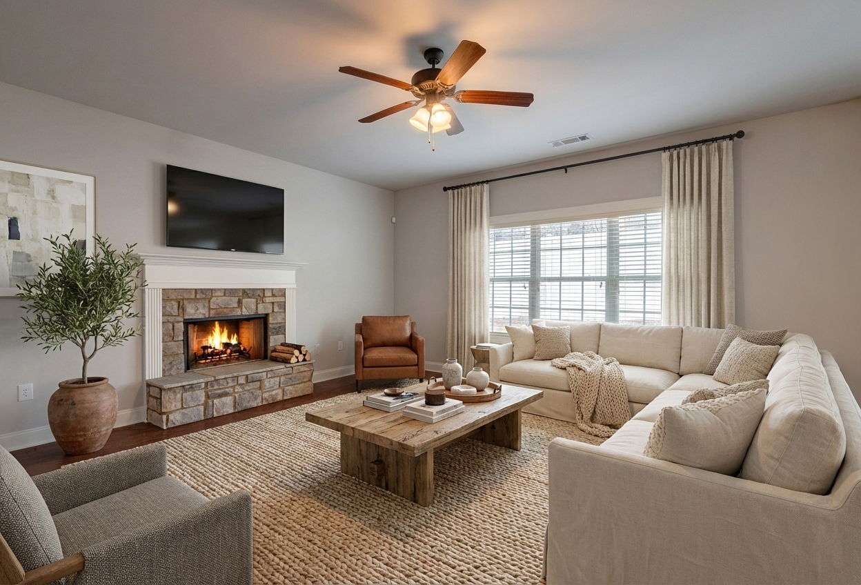 Living room w/ wood burning fireplace