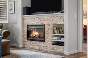 Welcoming glow of a faux stone electric fireplace