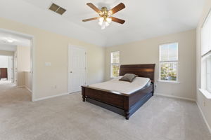 Spacious primary suite features a deep tray ceiling, ceiling fan, a large walk-in closet and newer wall-to-wall carpet.