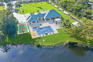 Aerial View with rendering of pool, summer kitchen and sport court