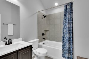 A fully equipped full bath ensures all the necessities are covered in the upstairs areas