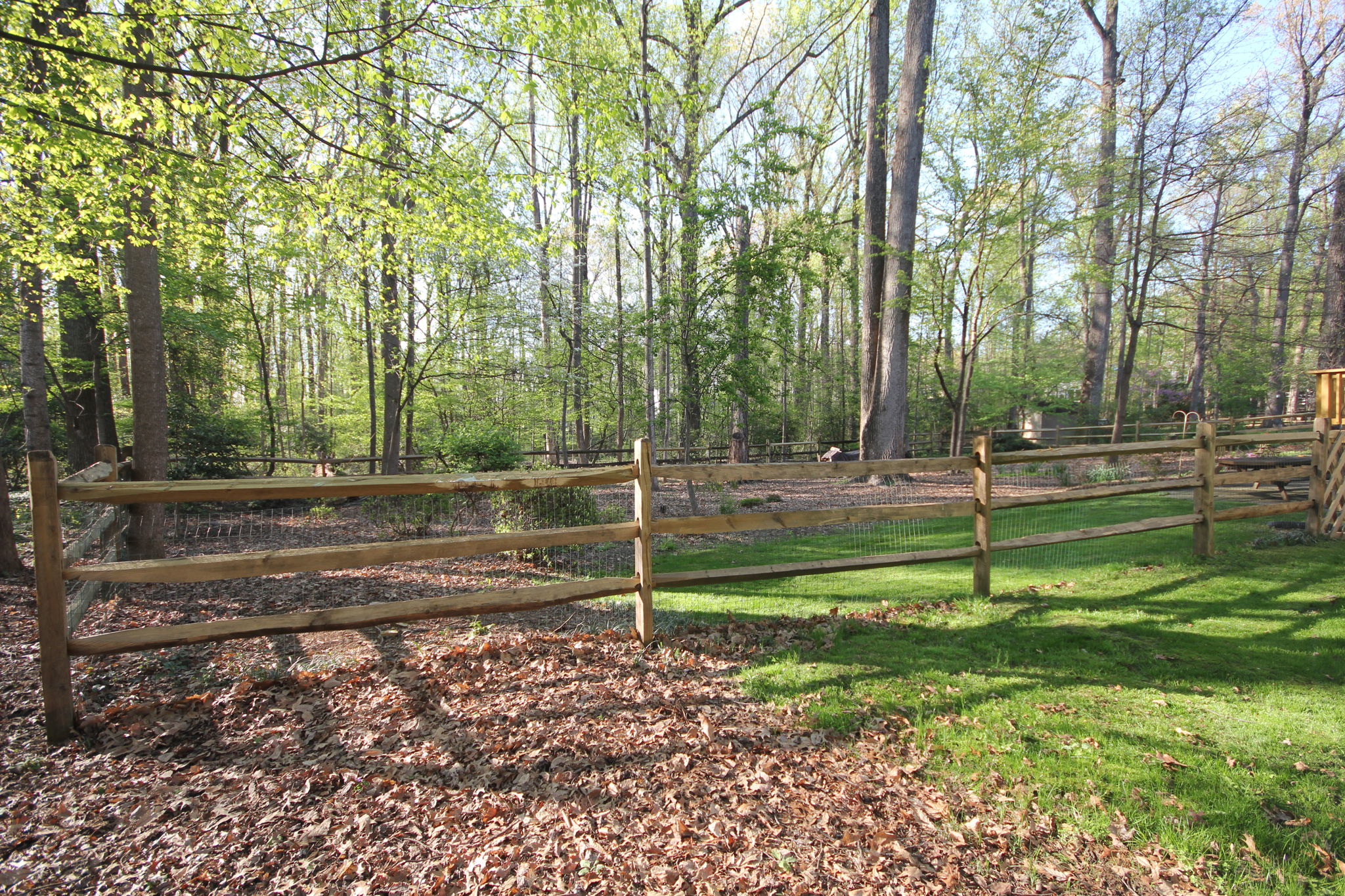 Split rail fence encloses backyard for pets to run