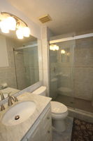 Updated primary suite bath w/hanging glass doors