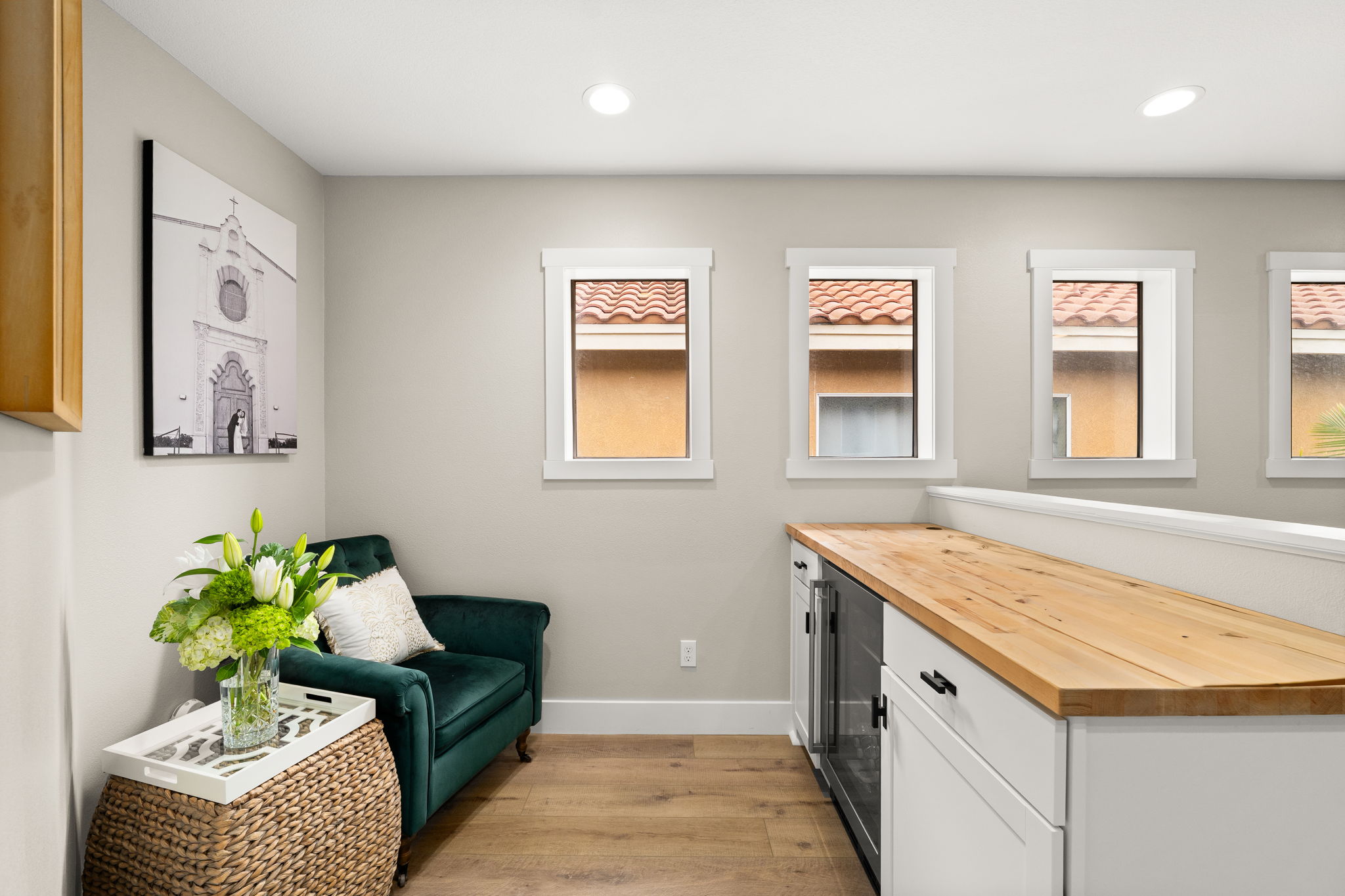 Another upstairs flex space with built in mini fridge