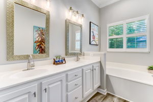 A large master bath with double vanity and garden tub