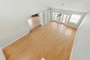Overhead view of the family room looking down from entryway to upstairs area.