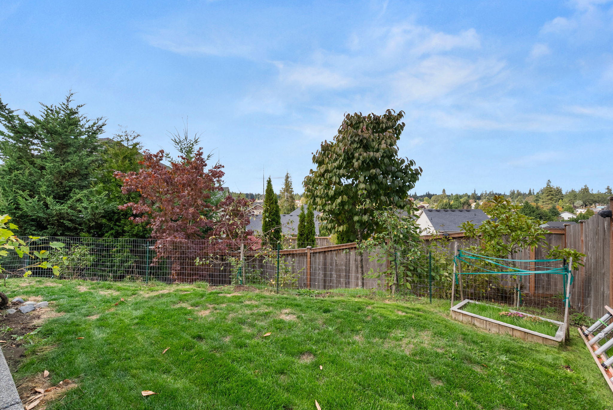 Fully fenced backyard with usable lawn and room to garden or play.