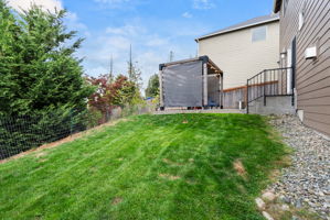 Spacious backyard with lawn, patio, and mature landscaping with fruit trees.