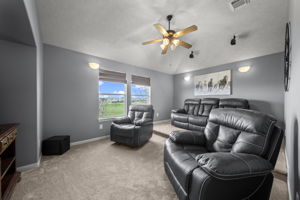 Media room with new carpet (DEC 2024) black out shades, a ceiling fan, & surround sound!