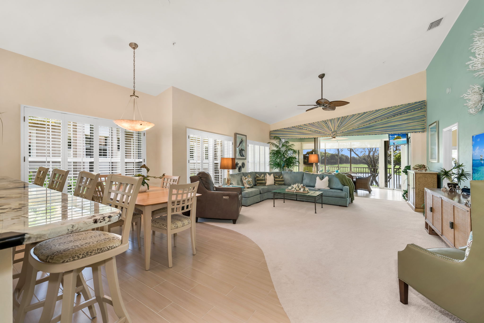 Volume Ceilings and wide Great Room with open kitchen