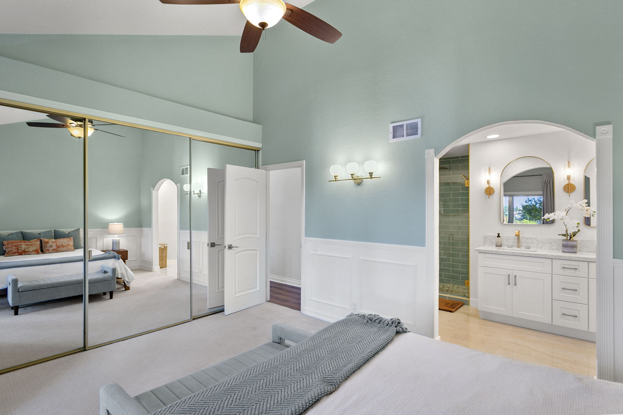 Primary suite: Tall ceilings, private balcony and spacious closet