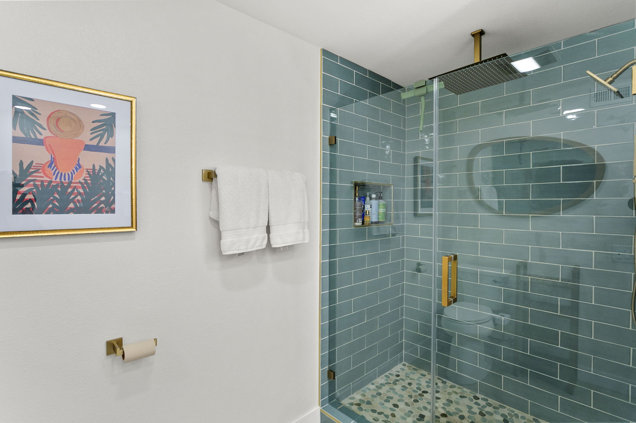 Primary bathroom has been opened up and renovated