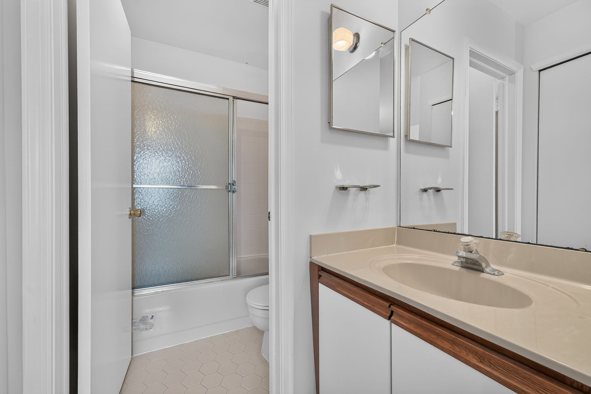 Bath 2- Plate Glass Mirror Mirrored Medicine Cabinet Molded Top with Single Sink/European Vanity/Cabinet Storage Tub-Shower/Ceramic Tile Surround/Privacy Glass Door Ceramic Tile Flooring