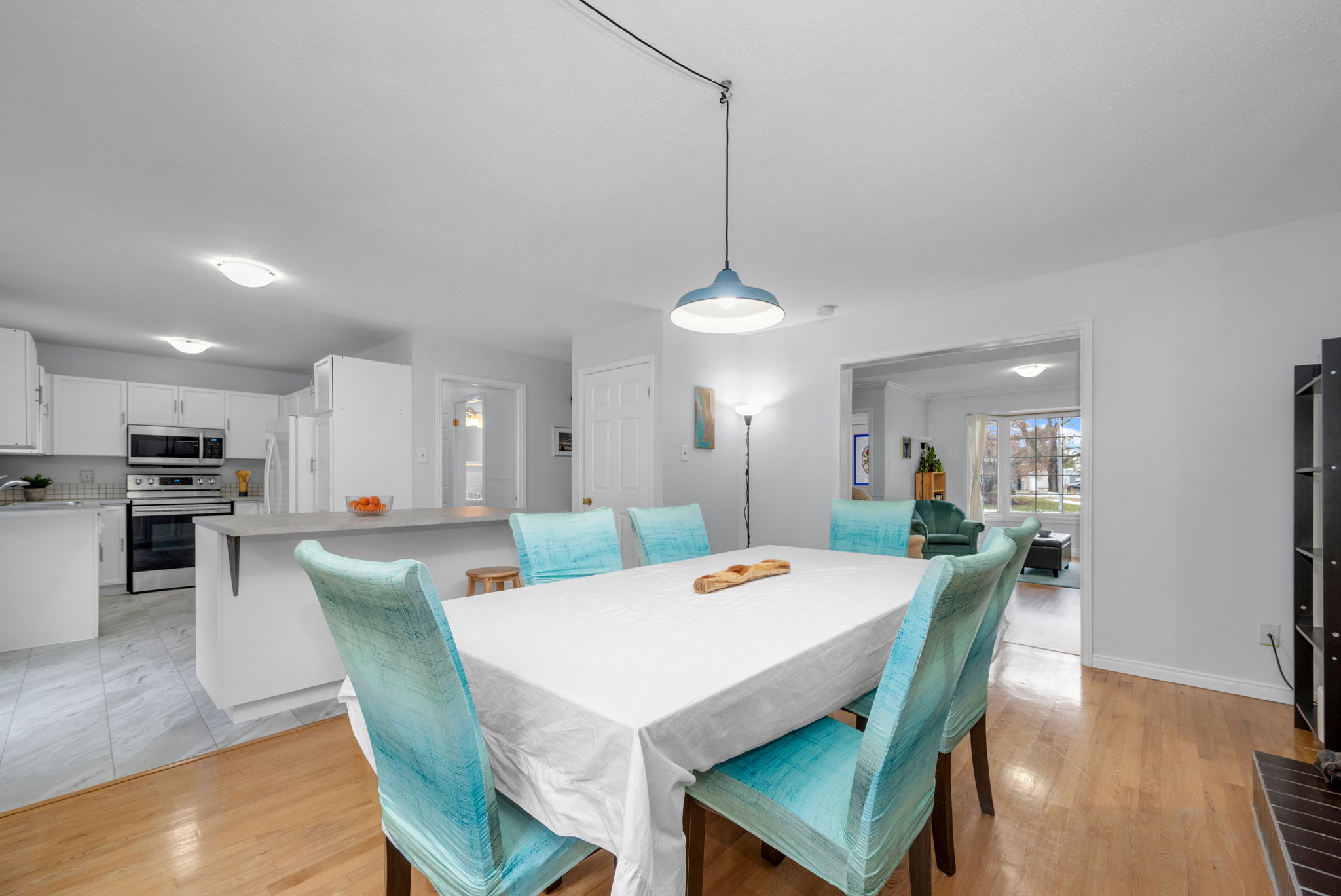 Kitchen flows to dining room