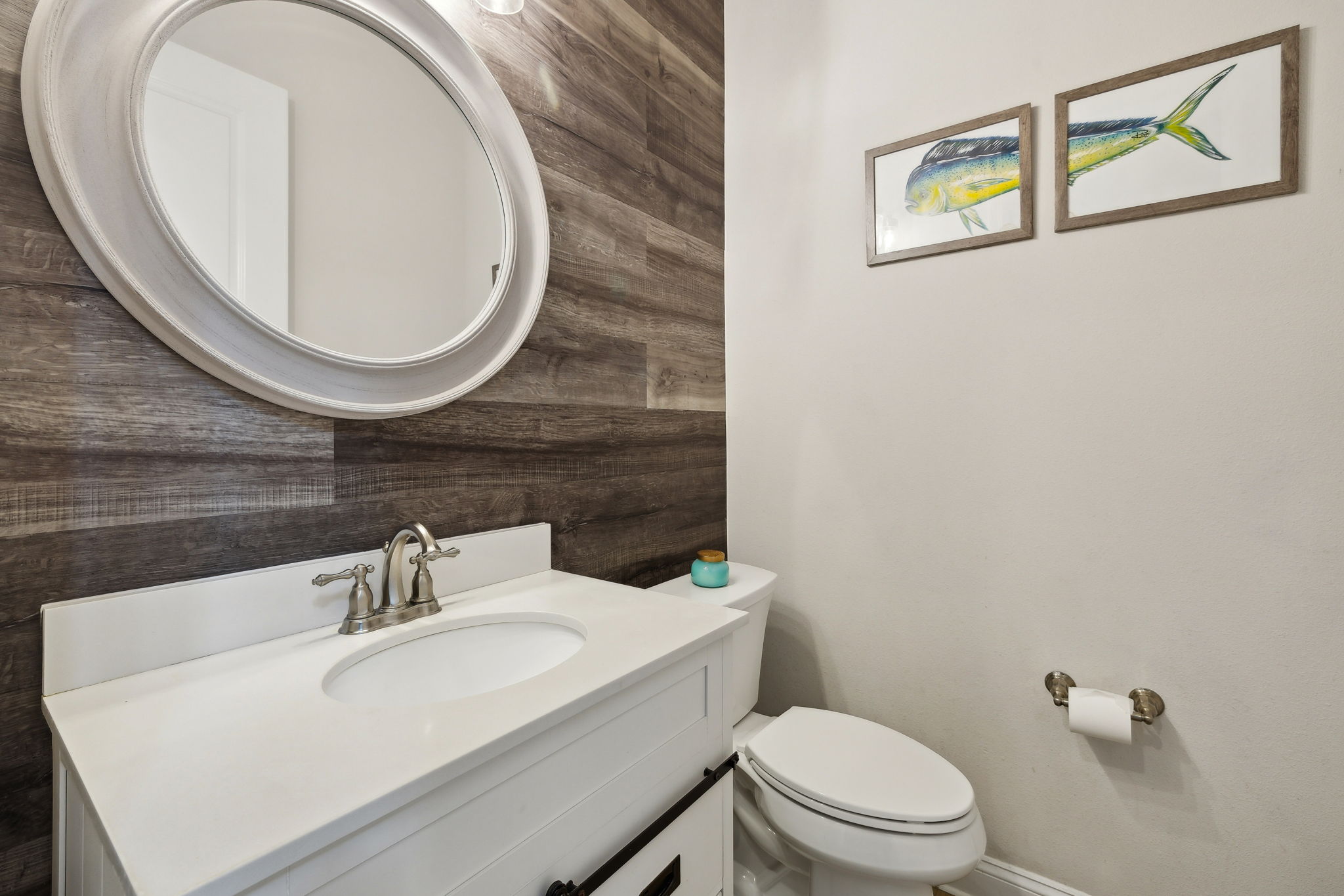 Powder Room with Shiplap Wall Accent