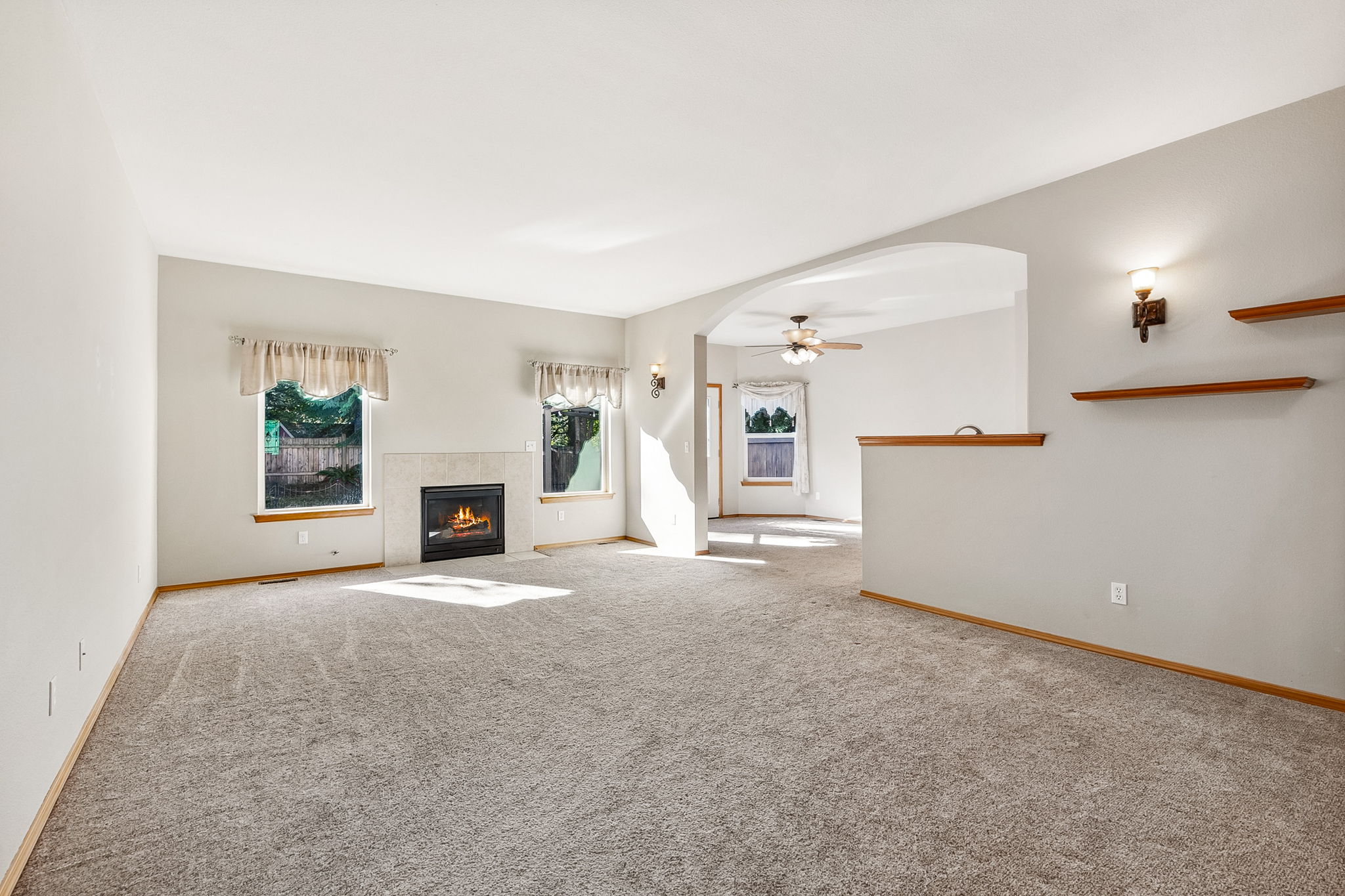 Main floor great room with gas fireplace.