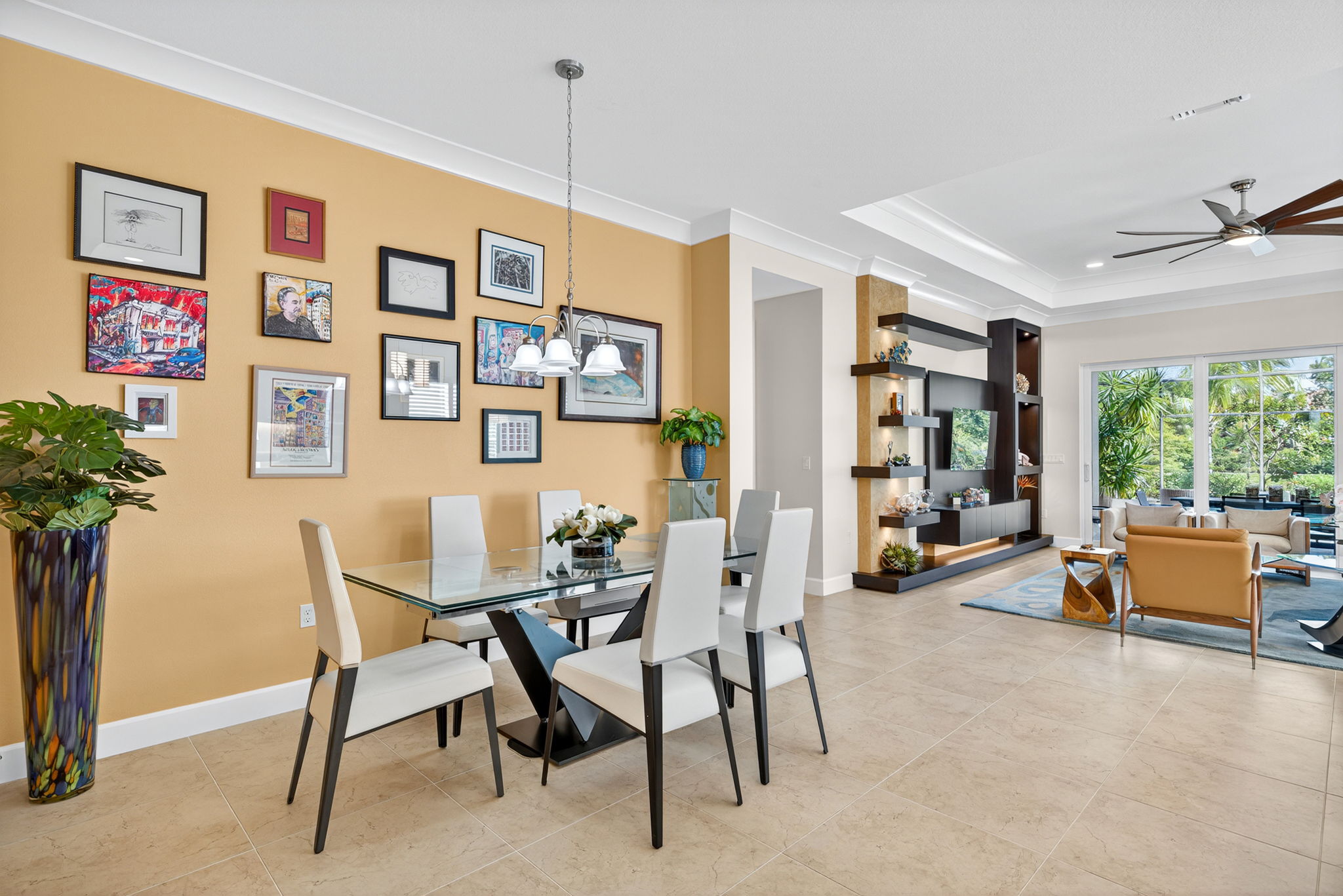 This angle captures the open floor concept of this Chandon. The primary bedroom suite is to the left between dining area and the great room.