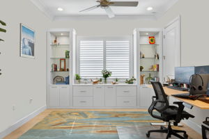 The den w/ built-ins and contemporary insided mounted doors, lockable drawers, and walk-in closet is currently used as a den.